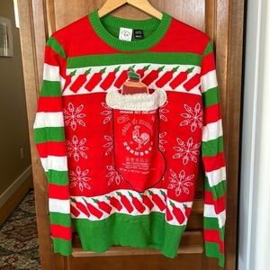 Sriracha Ugly Christmas Sweater Stocking Holds Your Beer!
